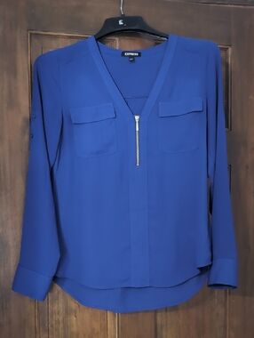 Express Women's Cobalt Blue Zip-Front V-Neck Blouse